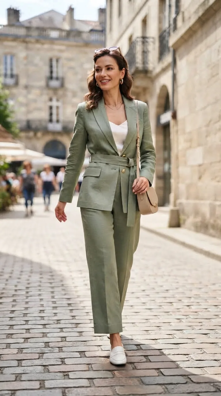 Woman in a sage belted suit walking a cobbled street